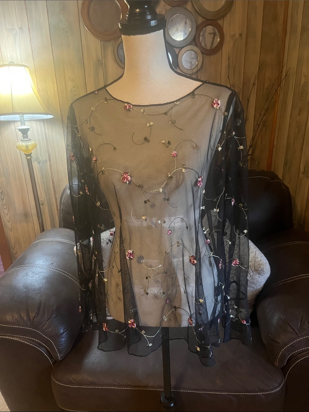POL Women Black Sheer Floral Embroidered Bell Sleeve Top Fairygoth Whimsigoth